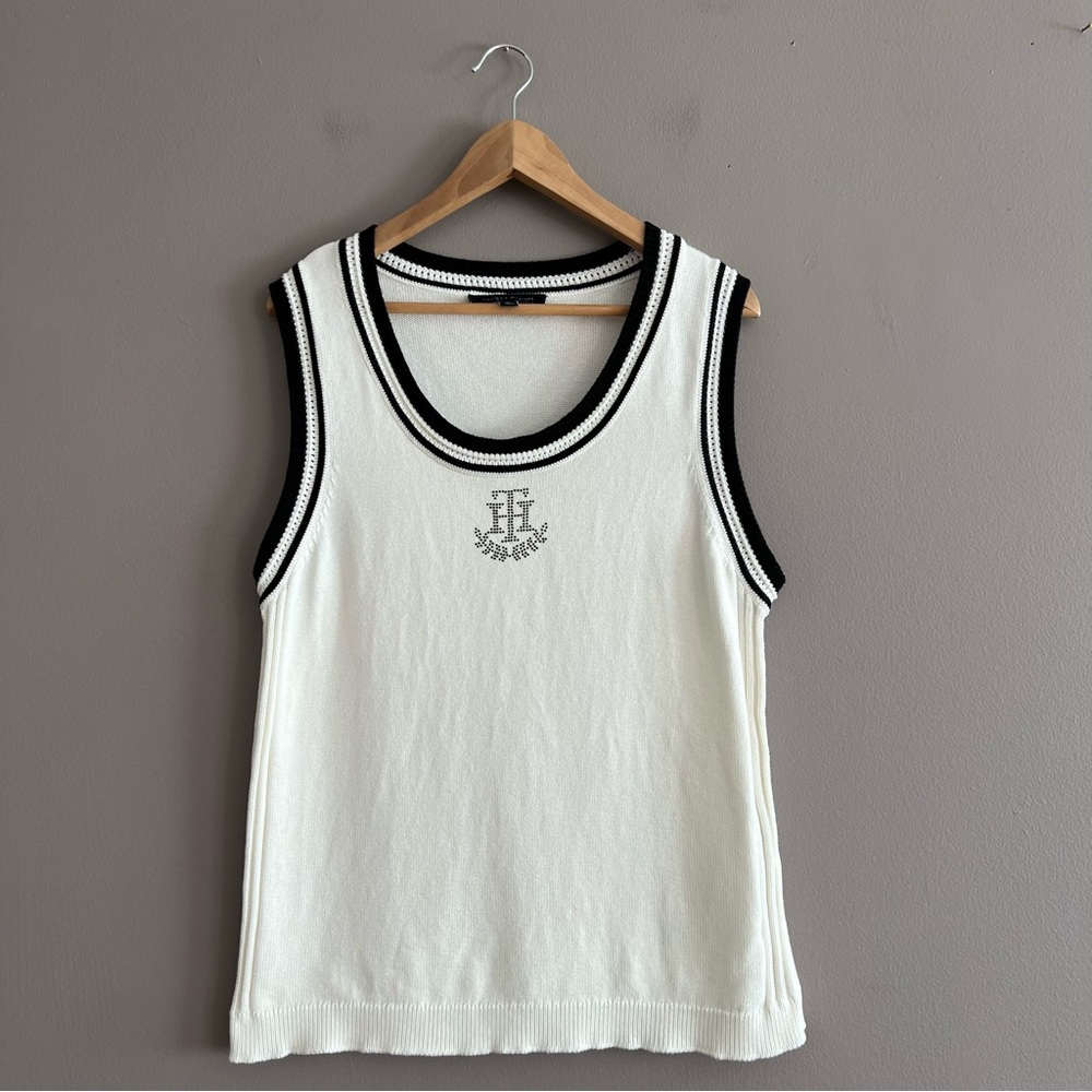 Tommy Hilfiger Sweater Tank Top Womens XL Rhinestone Logo Preppy Tennis Core Y2K